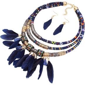 African Tribal Style Feather Pendant Multi Layers Necklace Earring Set Statement Bib Necklaces Feathered Dangle Earring Boho Collar Chains for Women Girls Men
