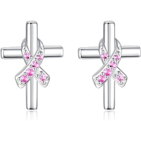 Breast Cancer Awareness Earrings Necklace for Women: Sterling Silver Pink Ribbon Jewelry Strength Gifts for Cancers Survivor