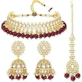 Aheli Gold Plated Kundan Studded Choker Necklace Jhumki Earrings & Maang Tikka Ethnic Fashion Jewellery Set Gift for Women