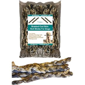 Ocean Tides Braided Icelandic Atlantic Cod Skins for Dogs and Cats, Fish Skin Dog Treats, Cod Sticks for Dogs, Dried Lean Crunch Sticks for Dog - 16 oz