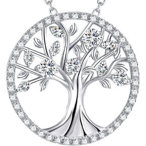 Sterling Silver Tree of Life Necklace for Women Birthday Gifts Birthstones Jewelry for Mom Wife White Pearl Ruby Peridot Sapphire and More stones Necklace