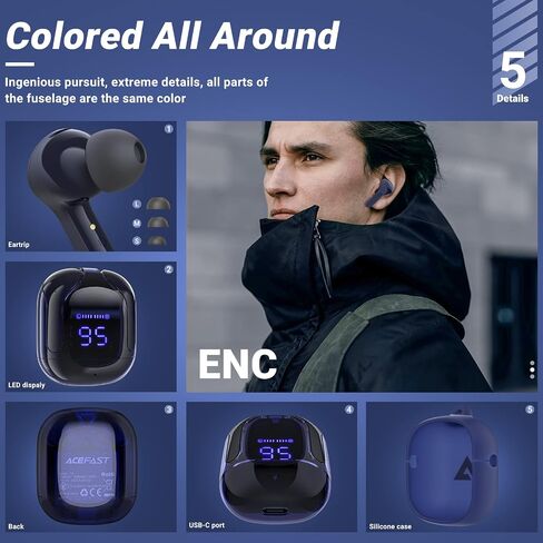 سماعات أذن لاسلكية ACEFAST T6، سماعات رأس بلوتوث مع سماعات أذن شفافة مانعة للضوضاء ENC، سماعات أذن صغيرة داخل الأذن بميكروفون ستيريو مزدوج HiFi مع علبة شحن وشاشة رقمية LED باللون الرمادي in Kuwait
