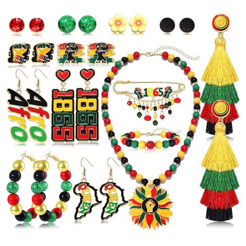 boderier Juneteenth African Jewelry Set for Women Juneteenth Pendant Necklace Beaded Stretch Bracelet Africa Hoop Dangle Stud Earrings Black History Month Accessories Gifts in Saudi Arabia