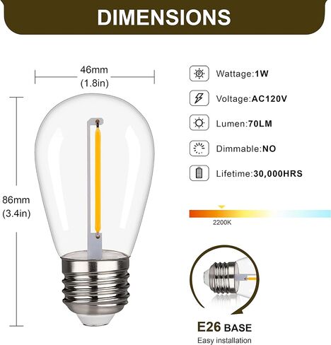 S14 Outdoor String Light Bulbs, Shatterproof Replacement Bulbs, 1W Equivalent to 10W, Waterproof 2200K Warm White Led Light Bulbs, E26 Base 25 Pack in Saudi Arabia