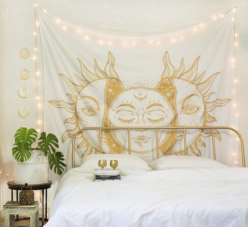 Madhu International Psychedelic Tapestry Indian Sun Moon Fractal Faces Tapestry Celestial Mystic Tapestries Wall Hanging Living Room Tapestry (White Gold, Queen(84x90Inches)(215x230Cms)) in Kuwait