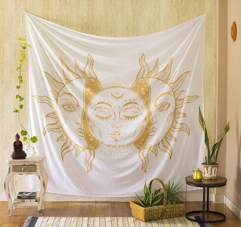Madhu International Psychedelic Tapestry Indian Sun Moon Fractal Faces Tapestry Celestial Mystic Tapestries Wall Hanging Living Room Tapestry (White Gold, Queen(84x90Inches)(215x230Cms)) in Kuwait