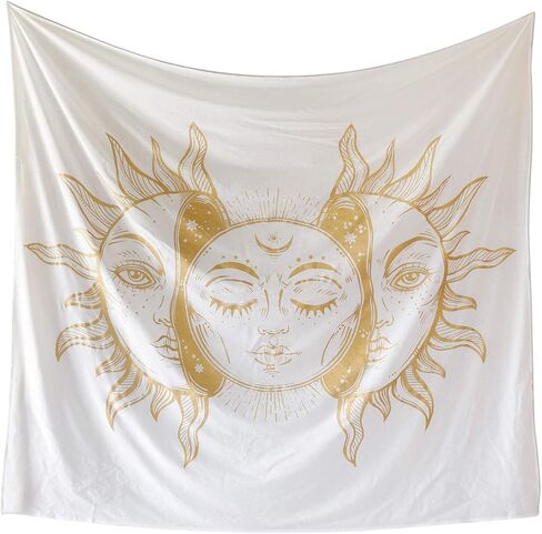 Madhu International Psychedelic Tapestry Indian Sun Moon Fractal Faces Tapestry Celestial Mystic Tapestries Wall Hanging Living Room Tapestry (White Gold, Queen(84x90Inches)(215x230Cms)) in Kuwait