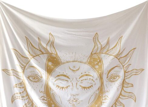 Madhu International Psychedelic Tapestry Indian Sun Moon Fractal Faces Tapestry Celestial Mystic Tapestries Wall Hanging Living Room Tapestry (White Gold, Queen(84x90Inches)(215x230Cms)) in Kuwait