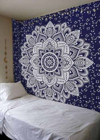 Madhu International Psychedelic Tapestry Indian Sun Moon Fractal Faces Tapestry Celestial Mystic Tapestries Wall Hanging Living Room Tapestry (White Gold, Queen(84x90Inches)(215x230Cms)) in Kuwait