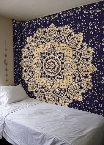 Madhu International Psychedelic Tapestry Indian Sun Moon Fractal Faces Tapestry Celestial Mystic Tapestries Wall Hanging Living Room Tapestry (White Gold, Queen(84x90Inches)(215x230Cms)) in Kuwait