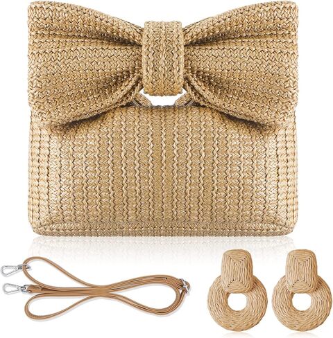 Straw Clutch Bow Handbag for women with Beach Earrings Summer Beach Straw Raffia Purse Woven Bag Purse Vacation Purse with Strap in Saudi Arabia