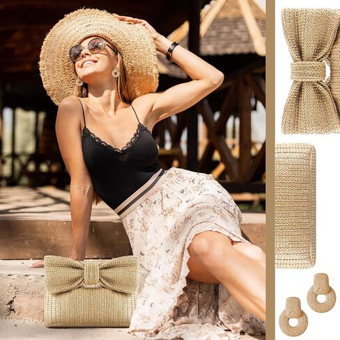 Straw Clutch Bow Handbag for women with Beach Earrings Summer Beach Straw Raffia Purse Woven Bag Purse Vacation Purse with Strap in Saudi Arabia