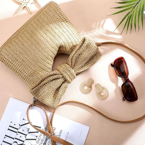 Straw Clutch Bow Handbag for women with Beach Earrings Summer Beach Straw Raffia Purse Woven Bag Purse Vacation Purse with Strap in Saudi Arabia