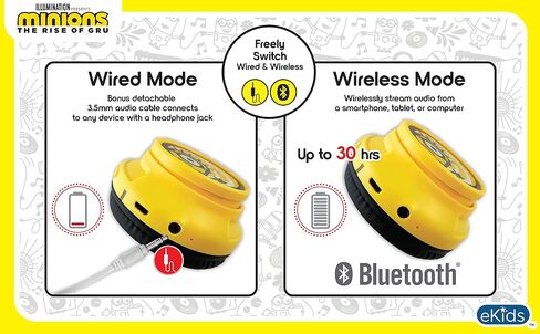 eKids Minions Kids Bluetooth Headphones, Wireless Headphones with Microphone Includes Aux Cord, Volume Reduced Kids Foldable Headphones for School, Home, or Travel in Saudi Arabia
