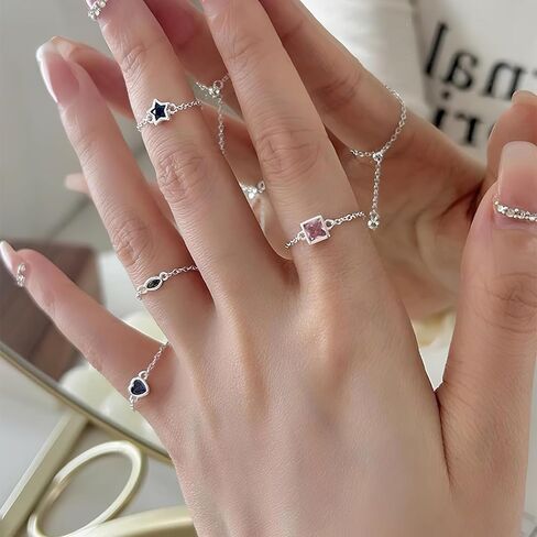 Sterling Silver Ring for Women Adjustable Tassel Chain Link Ring Cute Cubic Zirconia Girls’ Rings Star Ring Heart Ring Dangle Ball Chain Bands Statement Ring Dainty Jewelry Gifts Teacher Appreciation Gifts Graduation Gifts for Her in Saudi Arabia