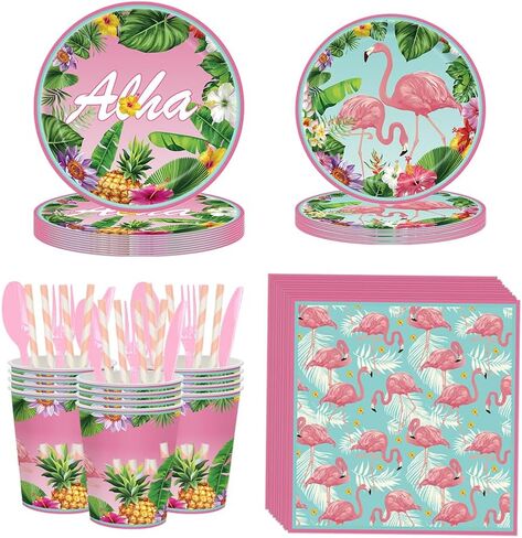 مجموعة أطباق ومناديل فلامينجو 200 قطعة، لوازم حفلات هاواي للاستعمال مرة واحدة مع أطباق ومناديل لوا، مجموعة أطباق حفلات ألوها الاستوائية لحفلات هاواي الاستوائية in Kuwait
