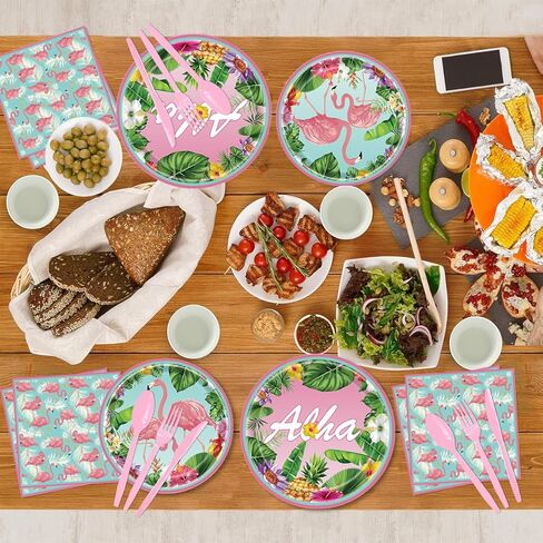 مجموعة أطباق ومناديل فلامينجو 200 قطعة، لوازم حفلات هاواي للاستعمال مرة واحدة مع أطباق ومناديل لوا، مجموعة أطباق حفلات ألوها الاستوائية لحفلات هاواي الاستوائية in Kuwait