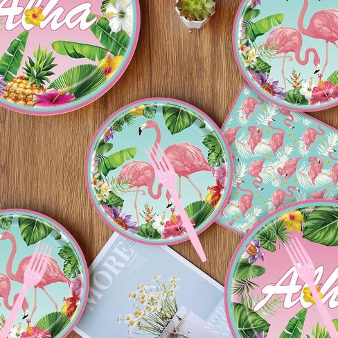 مجموعة أطباق ومناديل فلامينجو 200 قطعة، لوازم حفلات هاواي للاستعمال مرة واحدة مع أطباق ومناديل لوا، مجموعة أطباق حفلات ألوها الاستوائية لحفلات هاواي الاستوائية in Kuwait