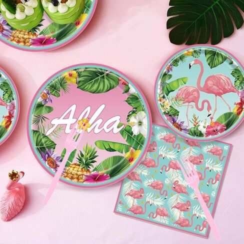 مجموعة أطباق ومناديل فلامينجو 200 قطعة، لوازم حفلات هاواي للاستعمال مرة واحدة مع أطباق ومناديل لوا، مجموعة أطباق حفلات ألوها الاستوائية لحفلات هاواي الاستوائية in Kuwait