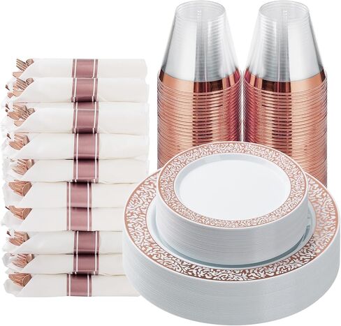 Goodluck 350 Piece Gold Plastic Dinnerware Set for 50 Guests, Disposable Lace Plates for Party, Include: 50 Gold Plates, 50 Dessert Plates Disposable, 50 Pre Napkins with Silverware, 50 Cups in Saudi Arabia