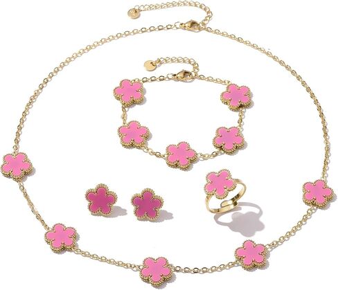 14K Gold Plated Double Sided Clover Bracelet Earring Necklace Rings Clover Sets for Women Lucky Jewelry Gift in Saudi Arabia