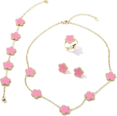 14K Gold Plated Double Sided Clover Bracelet Earring Necklace Rings Clover Sets for Women Lucky Jewelry Gift in Saudi Arabia