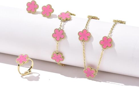 14K Gold Plated Double Sided Clover Bracelet Earring Necklace Rings Clover Sets for Women Lucky Jewelry Gift in Saudi Arabia