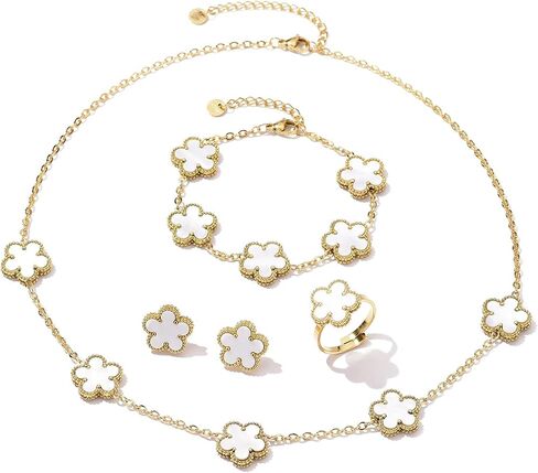 14K Gold Plated Double Sided Clover Bracelet Earring Necklace Rings Clover Sets for Women Lucky Jewelry Gift in Saudi Arabia