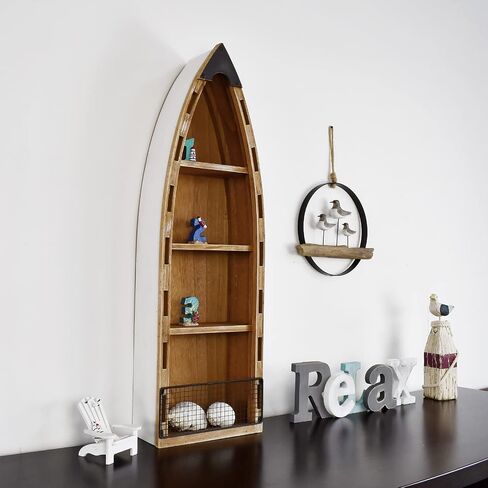 Veclotch 2set Wooden Boat Decor Hanging Wood Boat Decor for Wall, Rustic Nautical Standing Boat Shelf Decor Beach Theme Display Boat with Shelves for Bathroom Bedroom Lake House Decor (with 3 Tiers) in Saudi Arabia