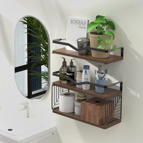 Floating Shelves Wall Mounted, Home Wall Storage Sets，Wood Bathroom Shelves with Extra Storage Shelf, Rustic Wall Shelves for Bathroom, Bedroom, in Saudi Arabia