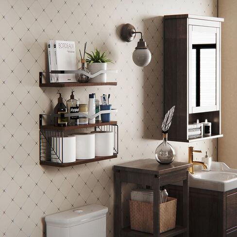 Floating Shelves Wall Mounted, Home Wall Storage Sets，Wood Bathroom Shelves with Extra Storage Shelf, Rustic Wall Shelves for Bathroom, Bedroom, in Saudi Arabia