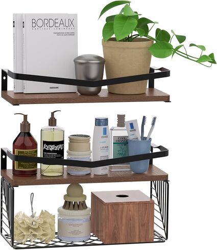 Floating Shelves Wall Mounted, Home Wall Storage Sets，Wood Bathroom Shelves with Extra Storage Shelf, Rustic Wall Shelves for Bathroom, Bedroom, in Saudi Arabia