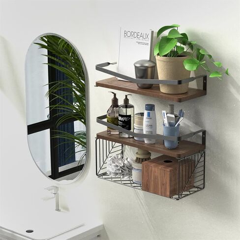 Floating Shelves Wall Mounted, Home Wall Storage Sets，Wood Bathroom Shelves with Extra Storage Shelf, Rustic Wall Shelves for Bathroom, Bedroom, in Saudi Arabia