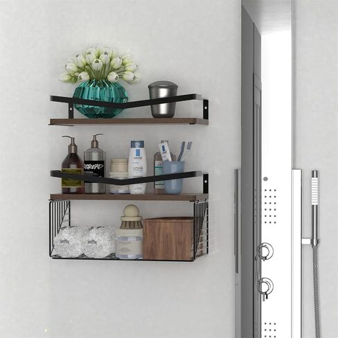 Floating Shelves Wall Mounted, Home Wall Storage Sets，Wood Bathroom Shelves with Extra Storage Shelf, Rustic Wall Shelves for Bathroom, Bedroom, in Saudi Arabia
