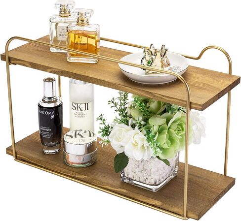 MyGift Modern 2-Tier Floating Wall Shelf, Natural Brown Wood Bathroom Shelves with Vintage Brass Metal Frame in Saudi Arabia