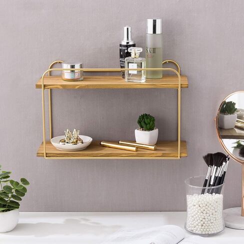 MyGift Modern 2-Tier Floating Wall Shelf, Natural Brown Wood Bathroom Shelves with Vintage Brass Metal Frame in Saudi Arabia