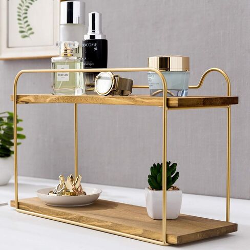 MyGift Modern 2-Tier Floating Wall Shelf, Natural Brown Wood Bathroom Shelves with Vintage Brass Metal Frame in Saudi Arabia
