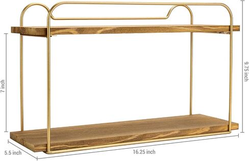 MyGift Modern 2-Tier Floating Wall Shelf, Natural Brown Wood Bathroom Shelves with Vintage Brass Metal Frame in Saudi Arabia