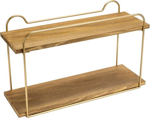 MyGift Modern 2-Tier Floating Wall Shelf, Natural Brown Wood Bathroom Shelves with Vintage Brass Metal Frame in Saudi Arabia