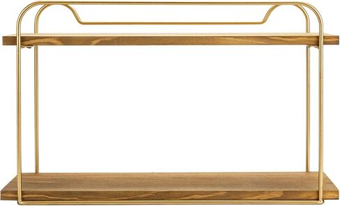 MyGift Modern 2-Tier Floating Wall Shelf, Natural Brown Wood Bathroom Shelves with Vintage Brass Metal Frame in Saudi Arabia