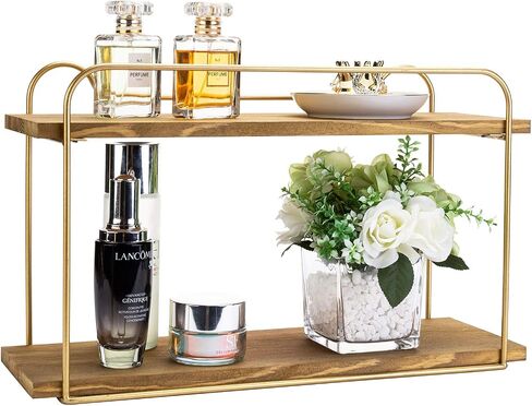 MyGift Modern 2-Tier Floating Wall Shelf, Natural Brown Wood Bathroom Shelves with Vintage Brass Metal Frame in Saudi Arabia