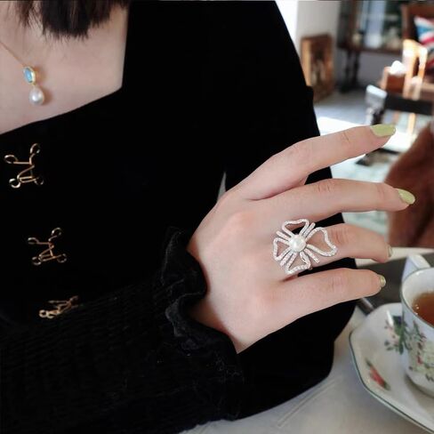 Shiny Crystal Pearl Open Statement Ring for Women Girls Cubic Zirconia Hollow Four Leaf Heart Engagement Promise Ring Wedding Bands Eterniry Rings Adjustable in Saudi Arabia