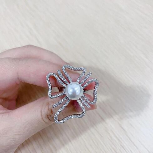 Shiny Crystal Pearl Open Statement Ring for Women Girls Cubic Zirconia Hollow Four Leaf Heart Engagement Promise Ring Wedding Bands Eterniry Rings Adjustable in Saudi Arabia