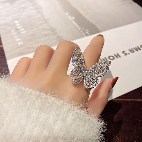 HUASAI Butterfly Ring for Women Statement Butterfly Ring Dainty Crystal Butterfly Ring Silver Butterfly Knuckle Ring Adjustable Open Ring Wedding Jewelry Birthday Gifts for Girls in Saudi Arabia