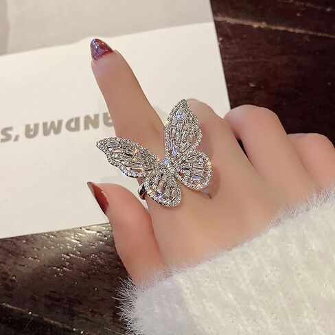 HUASAI Butterfly Ring for Women Statement Butterfly Ring Dainty Crystal Butterfly Ring Silver Butterfly Knuckle Ring Adjustable Open Ring Wedding Jewelry Birthday Gifts for Girls in Saudi Arabia