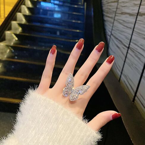 HUASAI Butterfly Ring for Women Statement Butterfly Ring Dainty Crystal Butterfly Ring Silver Butterfly Knuckle Ring Adjustable Open Ring Wedding Jewelry Birthday Gifts for Girls in Saudi Arabia