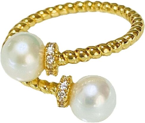 Dainty Double Shell Pearl Ring for Women Girls CZ Gold Plated Statement Expandable Open Rings Minimalist Imitation Pearls Twisted Finger Fashion Cute Christmas Engagement Jewelry Gift for Girlfriend in Saudi Arabia