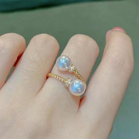 Dainty Double Shell Pearl Ring for Women Girls CZ Gold Plated Statement Expandable Open Rings Minimalist Imitation Pearls Twisted Finger Fashion Cute Christmas Engagement Jewelry Gift for Girlfriend in Saudi Arabia