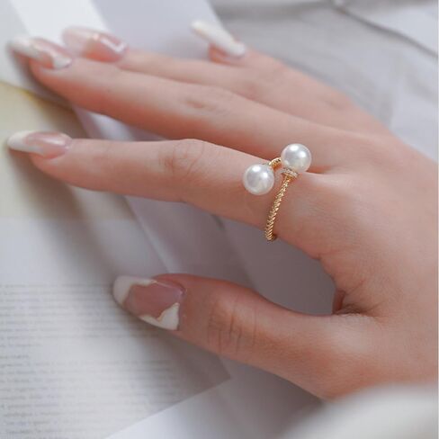 Dainty Double Shell Pearl Ring for Women Girls CZ Gold Plated Statement Expandable Open Rings Minimalist Imitation Pearls Twisted Finger Fashion Cute Christmas Engagement Jewelry Gift for Girlfriend in Saudi Arabia