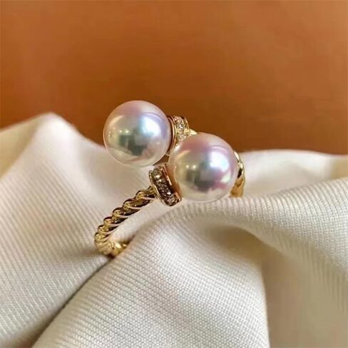 Dainty Double Shell Pearl Ring for Women Girls CZ Gold Plated Statement Expandable Open Rings Minimalist Imitation Pearls Twisted Finger Fashion Cute Christmas Engagement Jewelry Gift for Girlfriend in Saudi Arabia